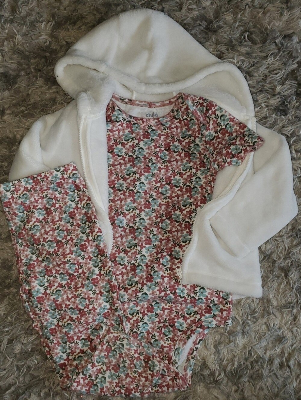 24 Month Childrens Floral Bodysuit And Pants With White Hooded Jacket Set